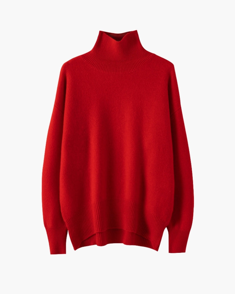 Women's High-Neck Sweater With a Curved Banded Hem - Red