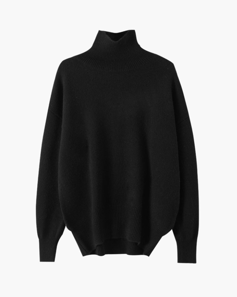 Women's High-Neck Sweater With a Curved Banded Hem - Black