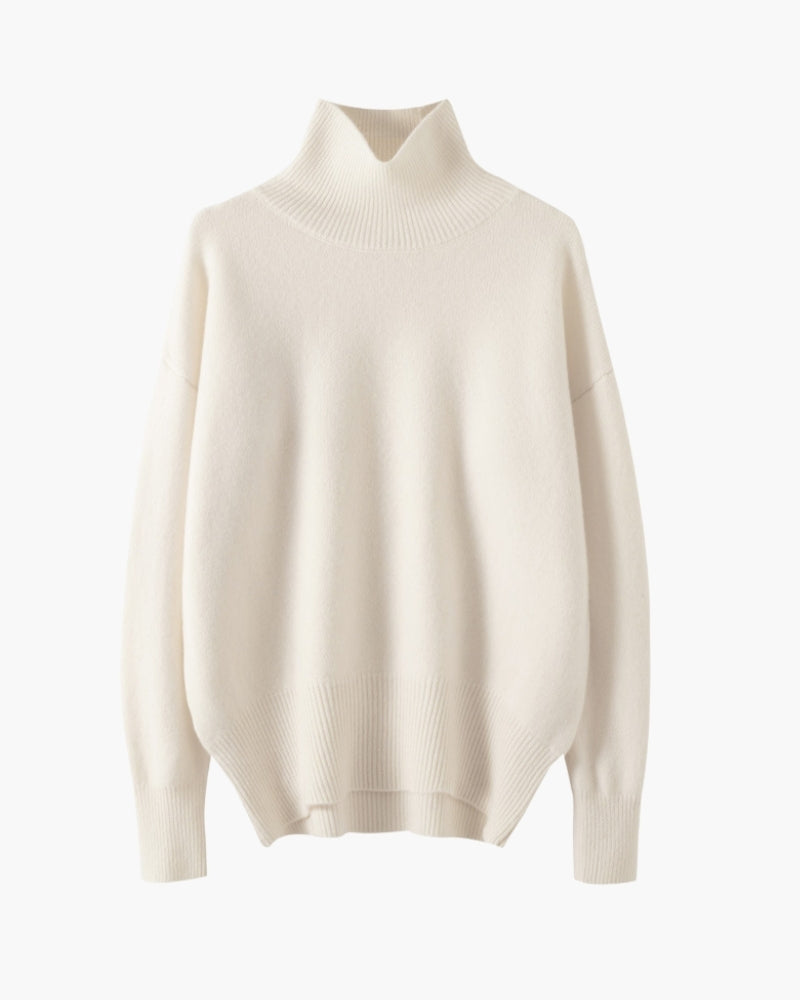 Women's High-Neck Sweater With a Curved Banded Hem - Ivory