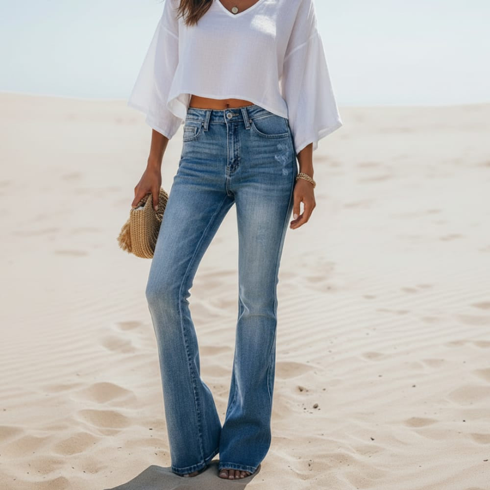 Women's High Waisted Flare Leg Jeans With Zip Fly - Blue