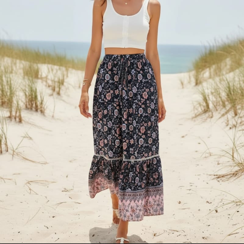 Women's High Waisted Floral Maxi Skirt With Lace-Up Waist - Dark Blue