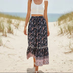 Women's High Waisted Floral Maxi Skirt With Lace-Up Waist - Dark Blue
