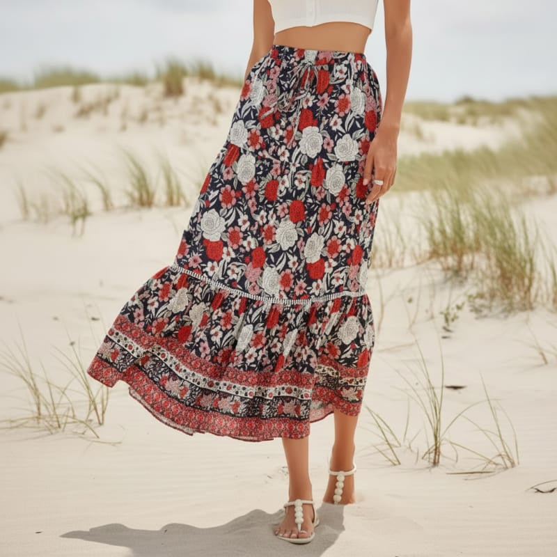 Women's High Waisted Floral Maxi Skirt With Lace-Up Waist - Red