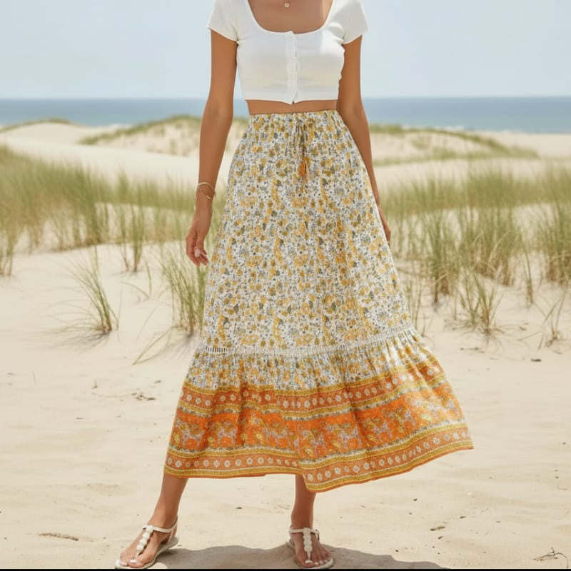 Women's High Waisted Floral Maxi Skirt With Lace-Up Waist - Orange