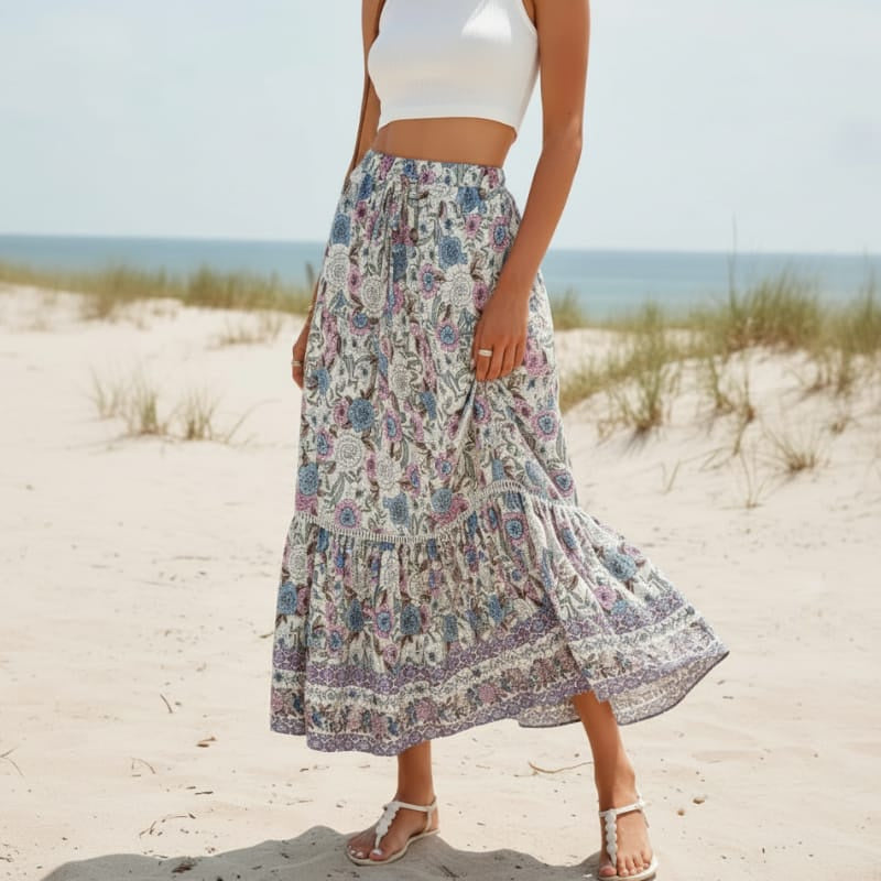 Women's High Waisted Floral Maxi Skirt With Lace-Up Waist - Off White