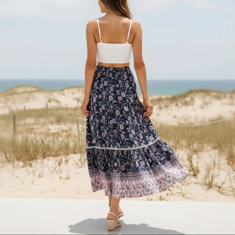 Women's High Waisted Floral Maxi Skirt With Lace-Up Waist - Dark Blue