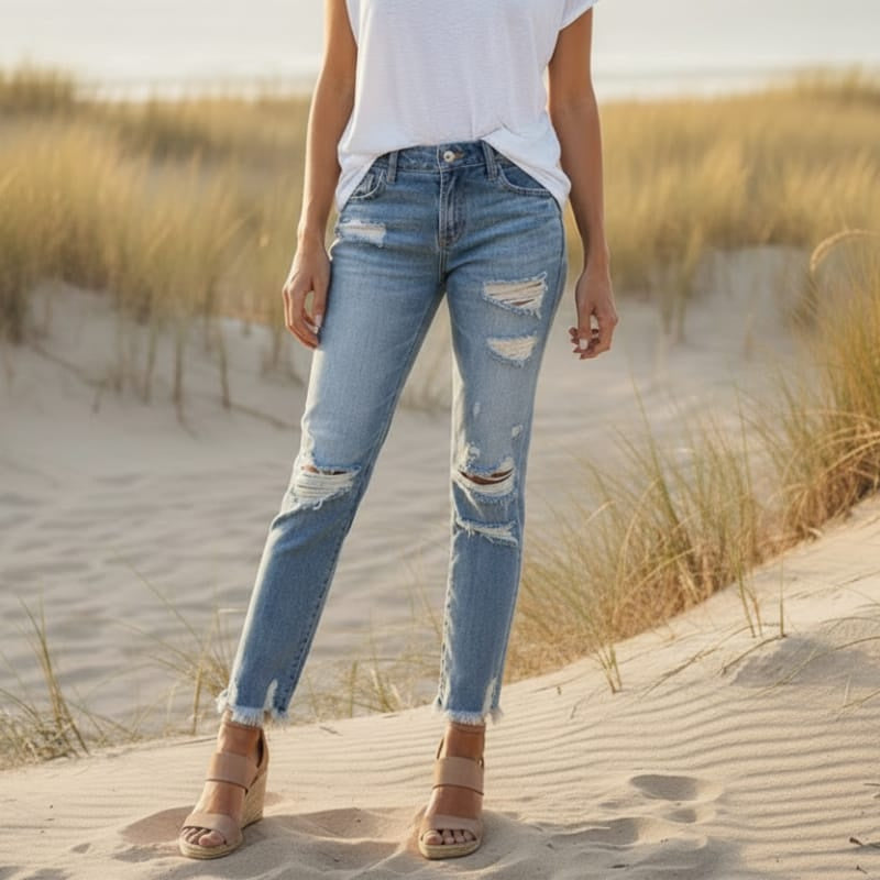 Women's High Waisted Skinny Jeans With Distressed Knees - Light Blue