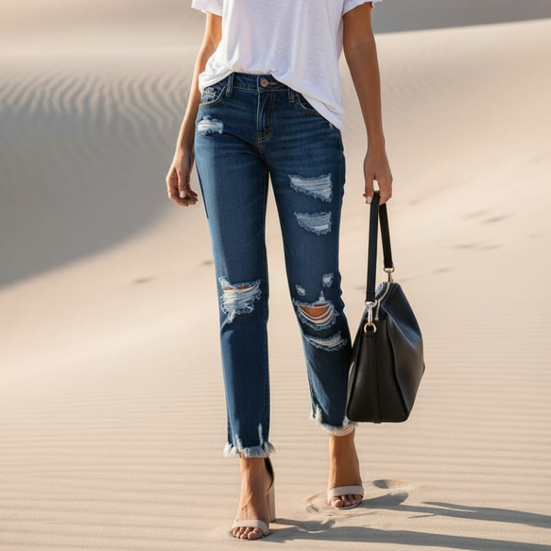 Women's High Waisted Skinny Jeans With Distressed Knees - Dark Blue