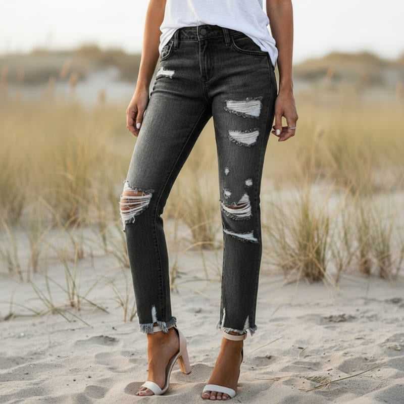 Women's High Waisted Skinny Jeans With Distressed Knees - Black
