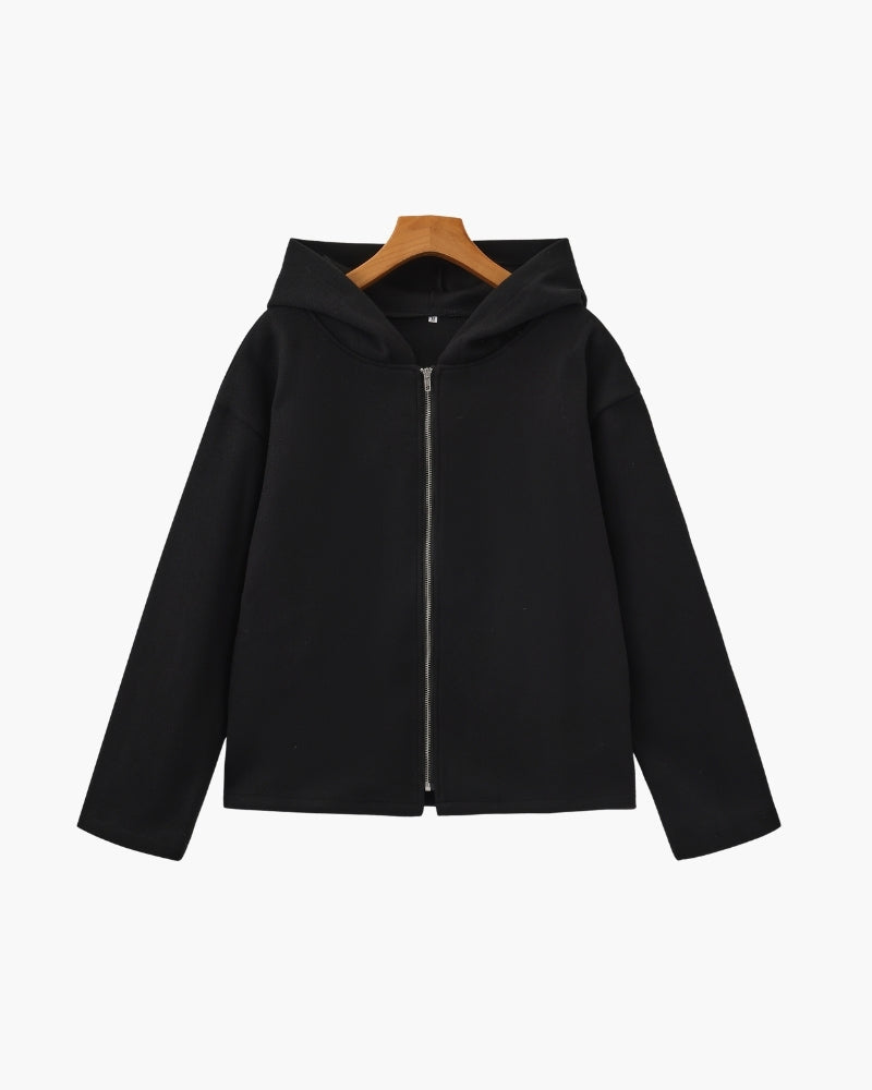 Women's Hooded Zip Jacket With a Straight Boxy Hem - Black