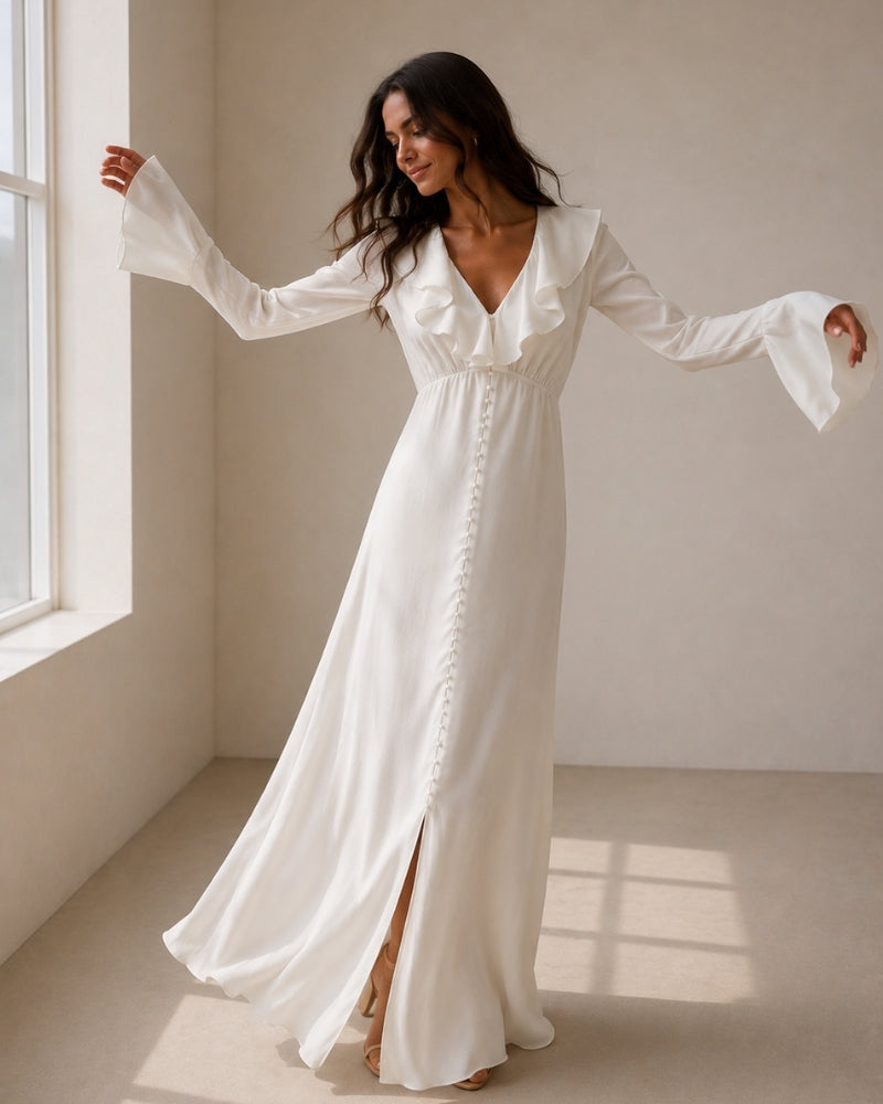 Women's Ivory Ruffle-Neck Dress With Flared Cuffs - Ivory