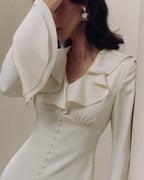 Women's Ivory Ruffle-Neck Dress With Flared Cuffs - Ivory