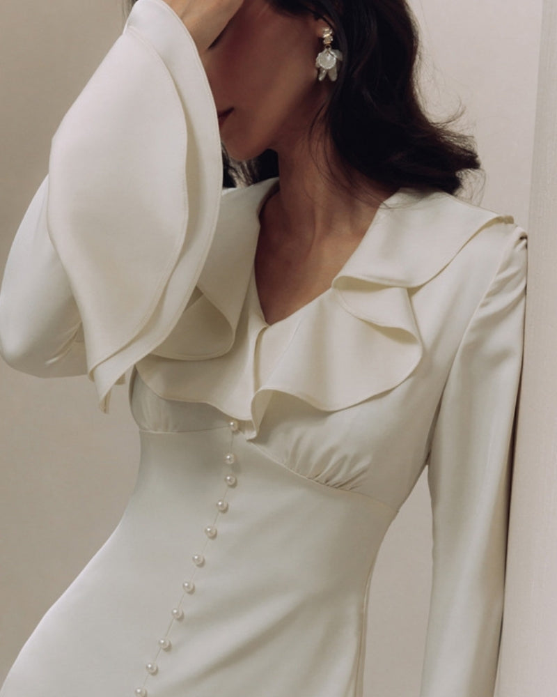 Women's Ivory Ruffle-Neck Dress With Flared Cuffs - Ivory