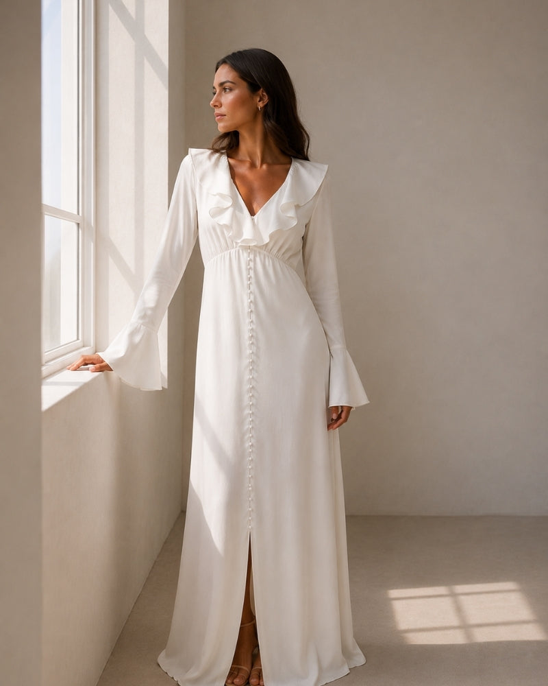 Women's Ivory Ruffle-Neck Dress With Flared Cuffs - Ivory