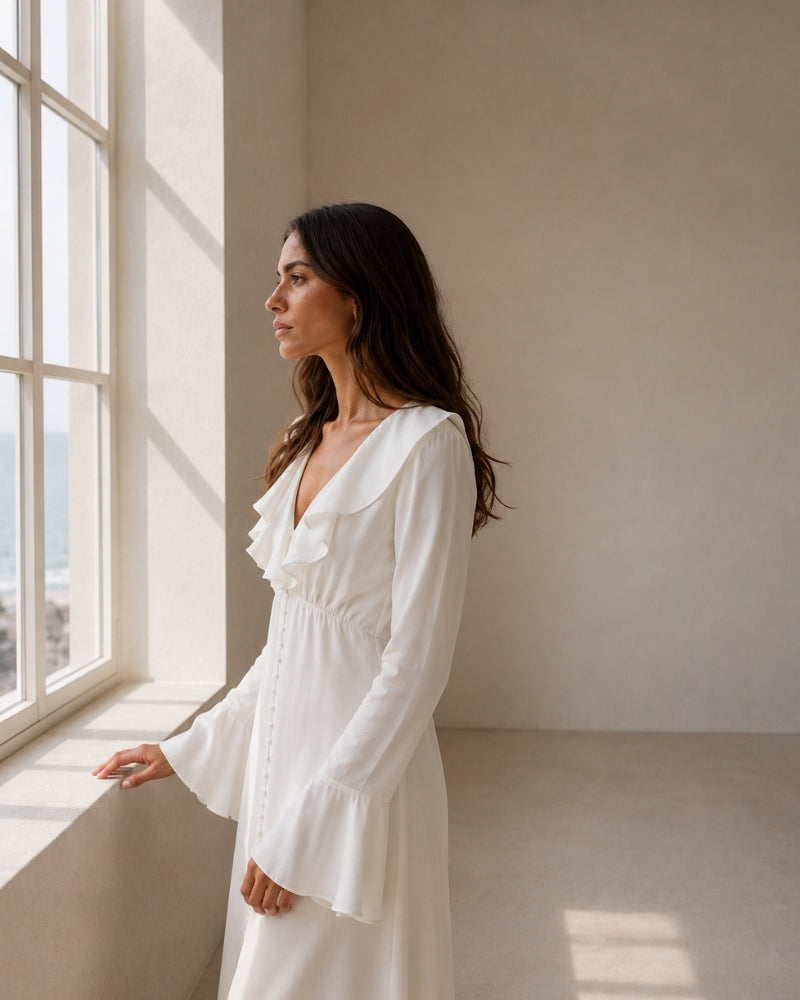 Women's Ivory Ruffle-Neck Dress With Flared Cuffs - Ivory