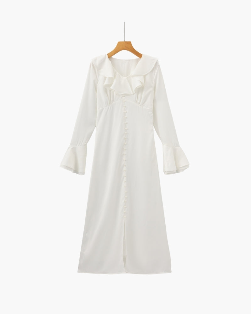 Women's Ivory Ruffle-Neck Dress With Flared Cuffs - Ivory