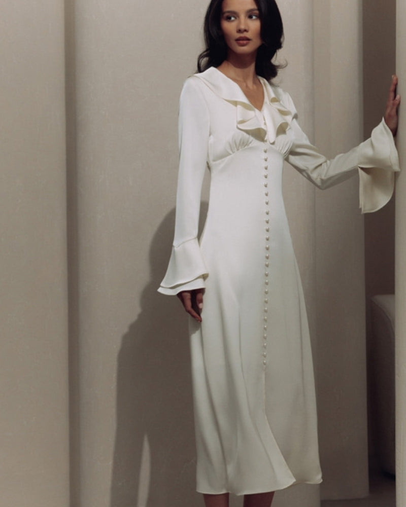 Women's Ivory Ruffle-Neck Dress With Flared Cuffs - Ivory