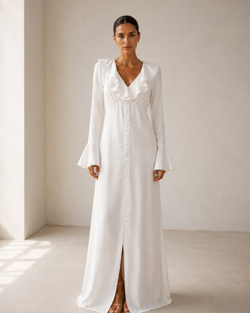 Women's Ivory Ruffle-Neck Dress With Flared Cuffs - Ivory