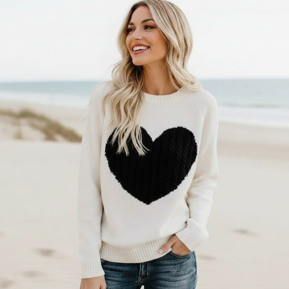 Women's Knit Pullover Sweater With Large Heart Motif - Off White