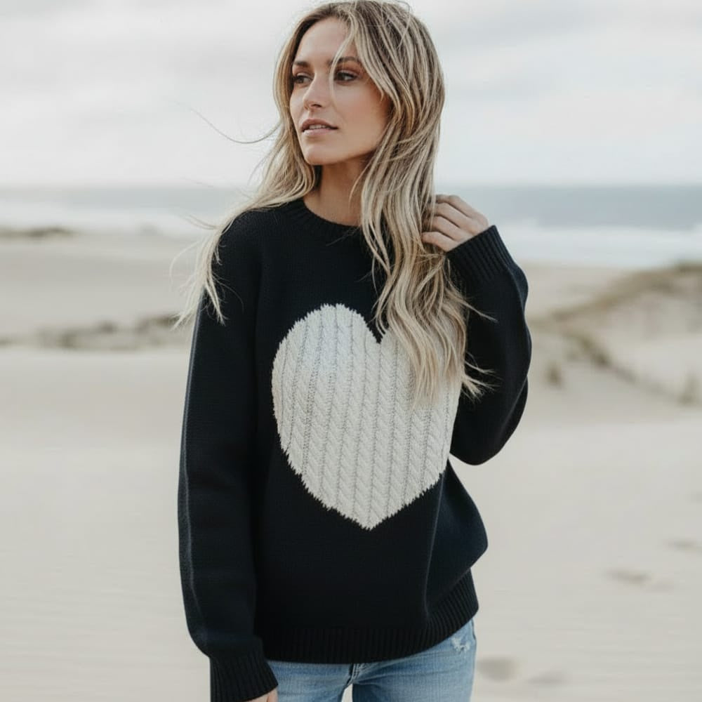 Women's Knit Pullover Sweater With Large Heart Motif - Black