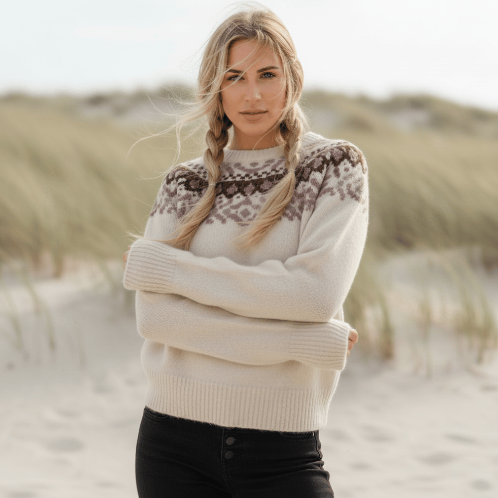 Women's Knit Pullover With Patterned Yoke and Round Neck - Khaki