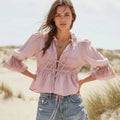 Women's Lace Panel Babydoll Top With Long Sleeves - Pink