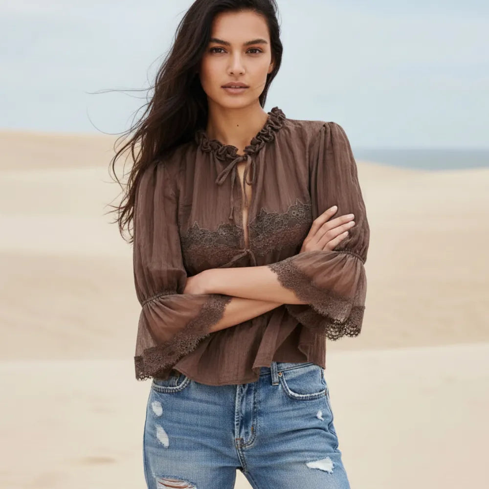 Women's Lace Panel Babydoll Top With Long Sleeves - Brown