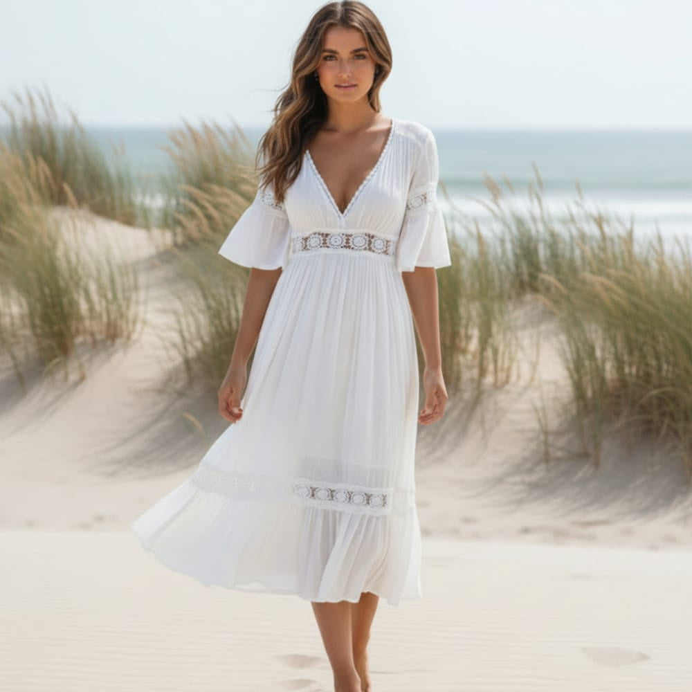Women's Lace Trim Midi Dress With Flared Sleeves - White