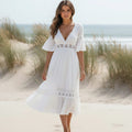 Women's Lace Trim Midi Dress With Flared Sleeves - White