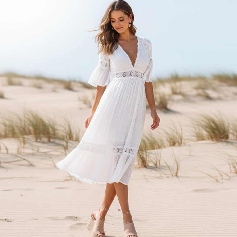 Women's Lace Trim Midi Dress With Flared Sleeves - White
