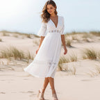 Women's Lace Trim Midi Dress With Flared Sleeves - White