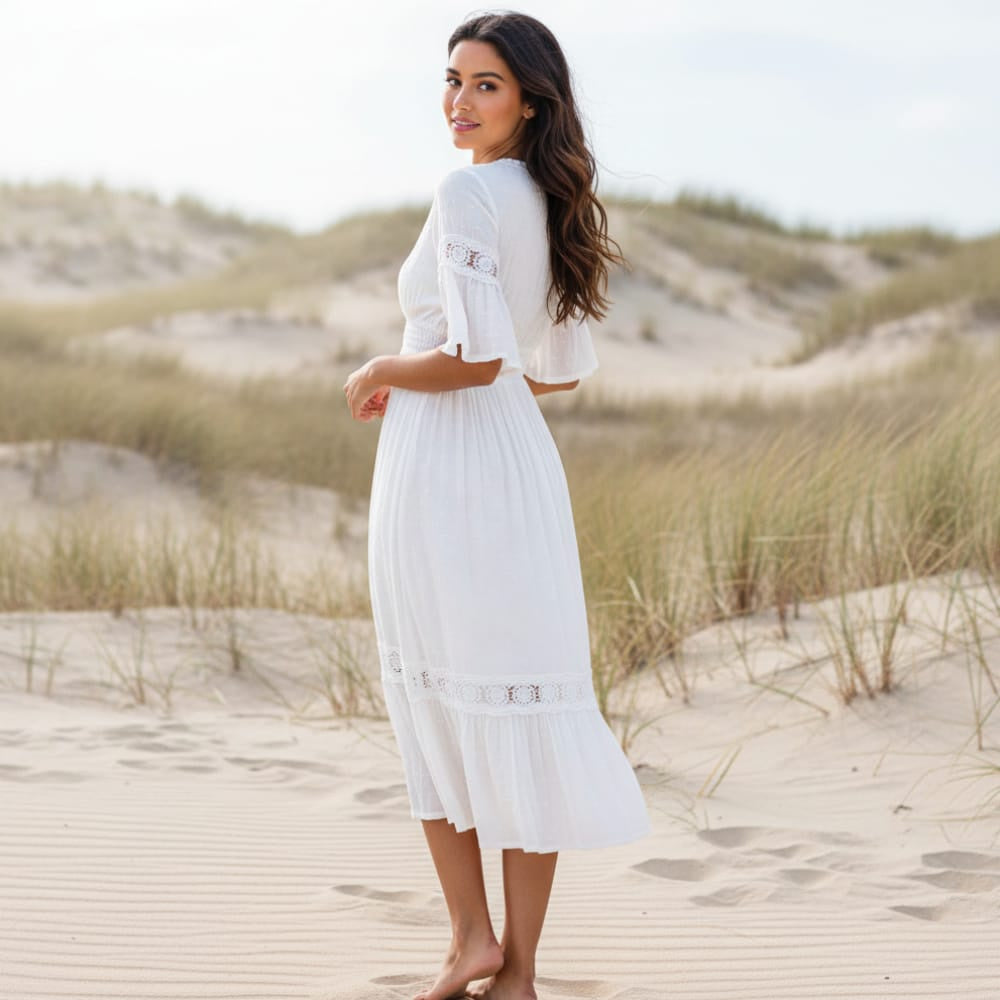 Women's Lace Trim Midi Dress With Flared Sleeves - White