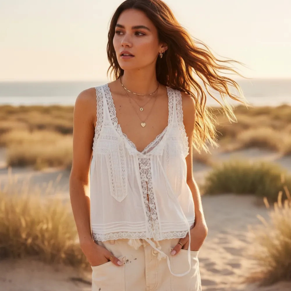 Women's Lace Trim Tank Top With a V-Neckline and Buttons - Off White