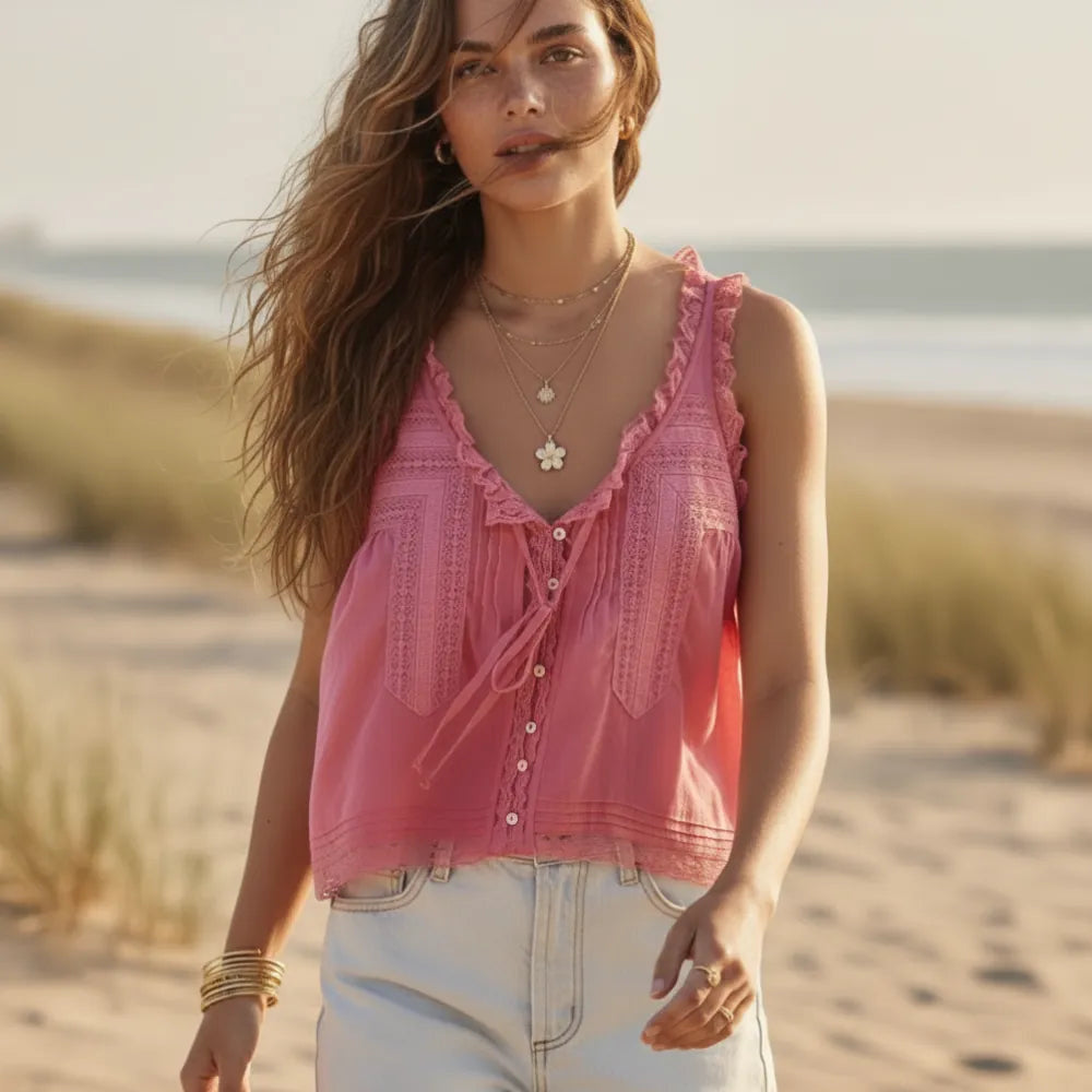 Women's Lace Trim Tank Top With a V-Neckline and Buttons - Pink