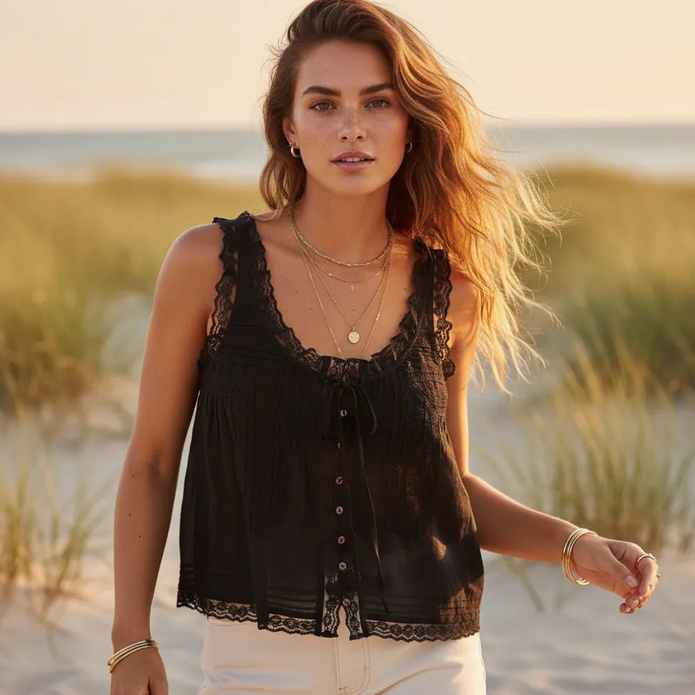 Women's Lace Trim Tank Top With a V-Neckline and Buttons - Black