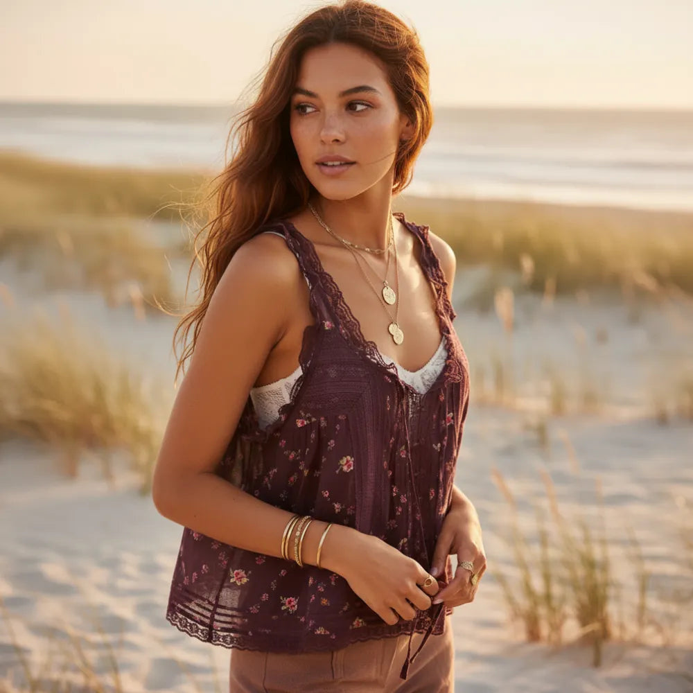 Women's Lace Trim Tank Top With a V-Neckline and Buttons - Burgundy