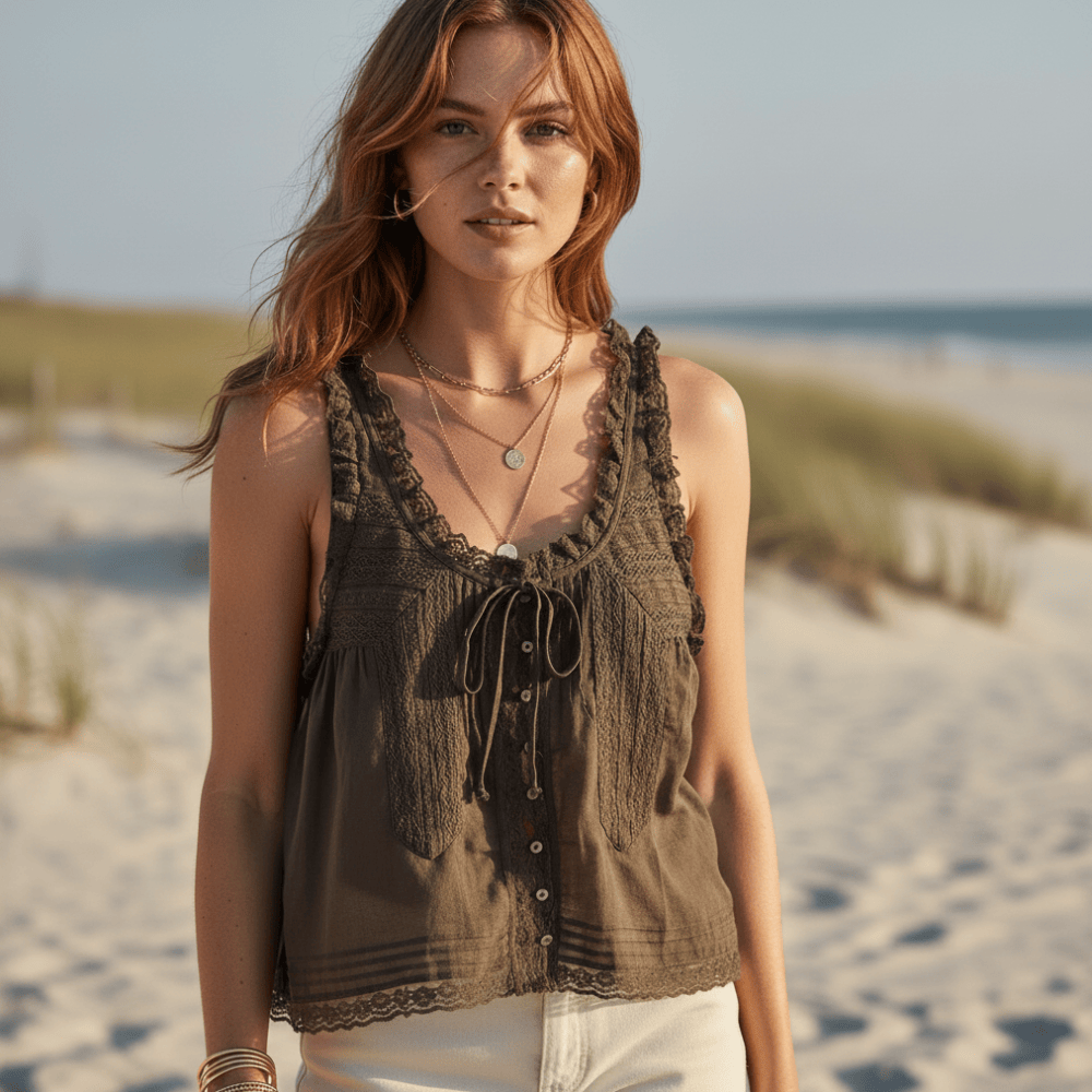 Women's Lace Trim Tank Top With a V-Neckline and Buttons - Brown