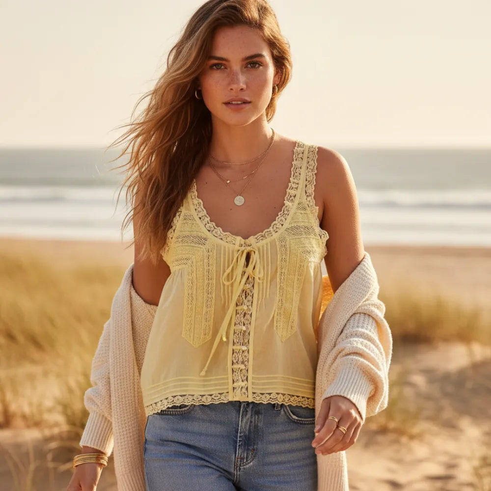 Women's Lace Trim Tank Top With a V-Neckline and Buttons - Yellow