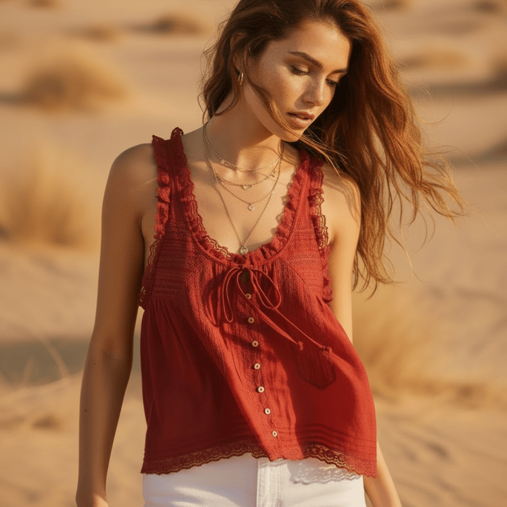 Women's Lace Trim Tank Top With a V-Neckline and Buttons - Red