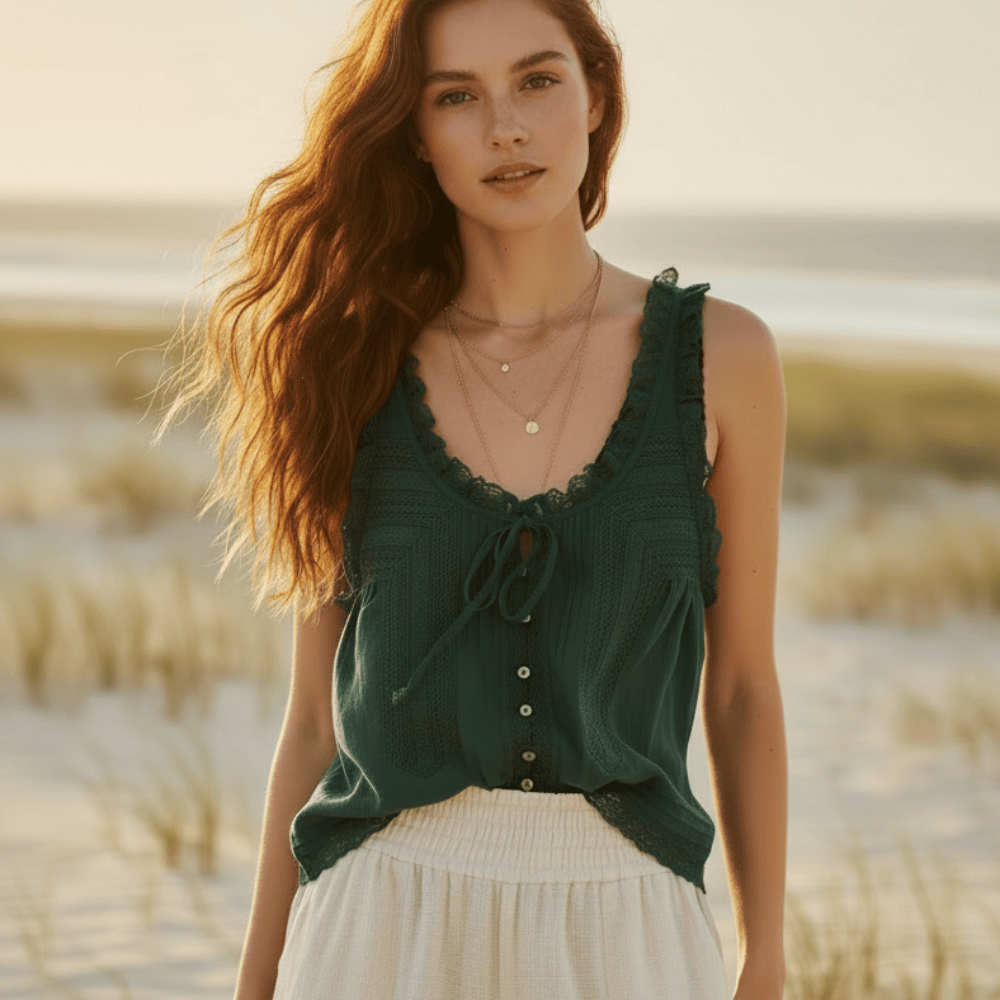 Women's Lace Trim Tank Top With a V-Neckline and Buttons - Hunter Green