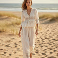 Women's Lace Trim Two-Piece Top and Trouser Set - White