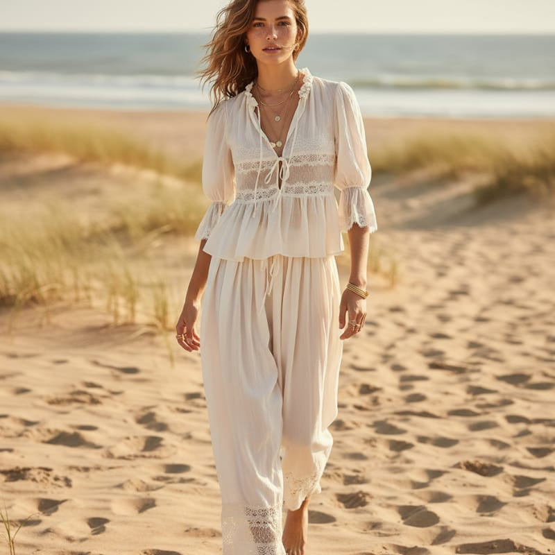 Women's Lace Trim Two-Piece Top and Trouser Set - White