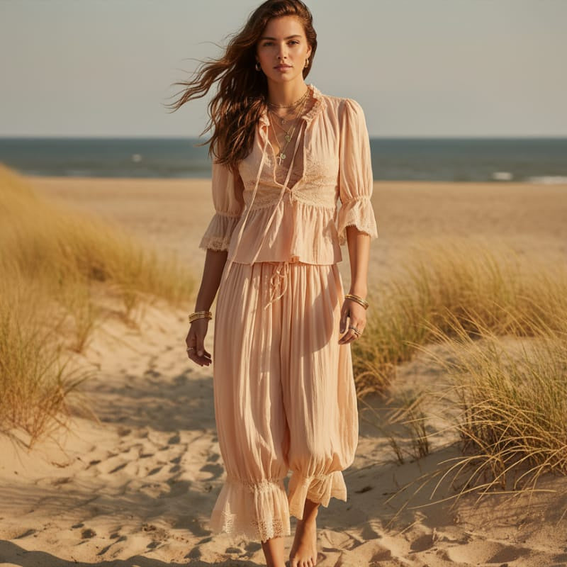 Women's Lace Trim Two-Piece Top and Trouser Set - Blush Nude