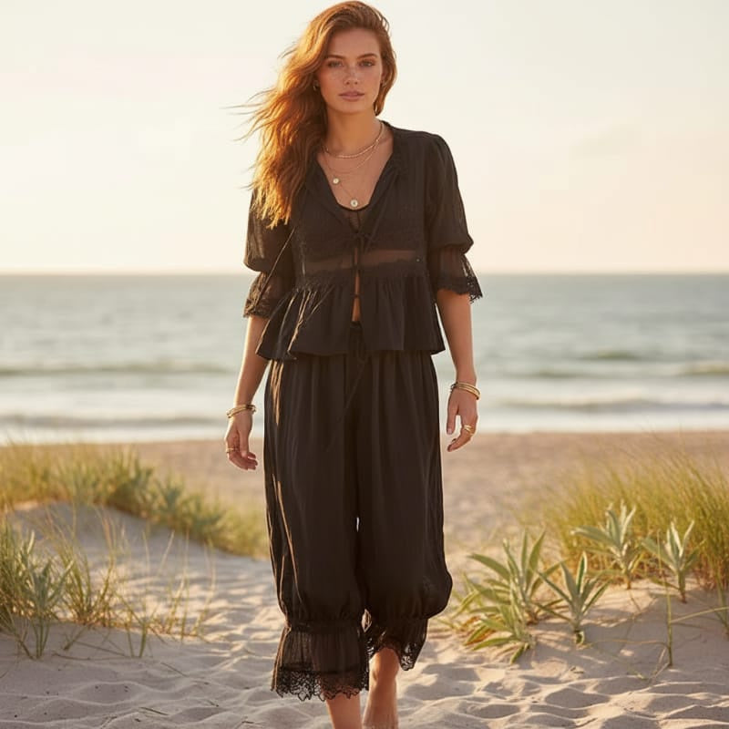 Women's Lace Trim Two-Piece Top and Trouser Set - Black