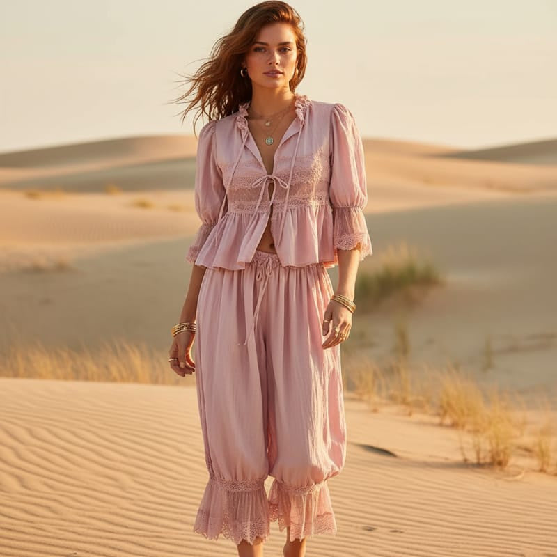 Women's Lace Trim Two-Piece Top and Trouser Set - Pink