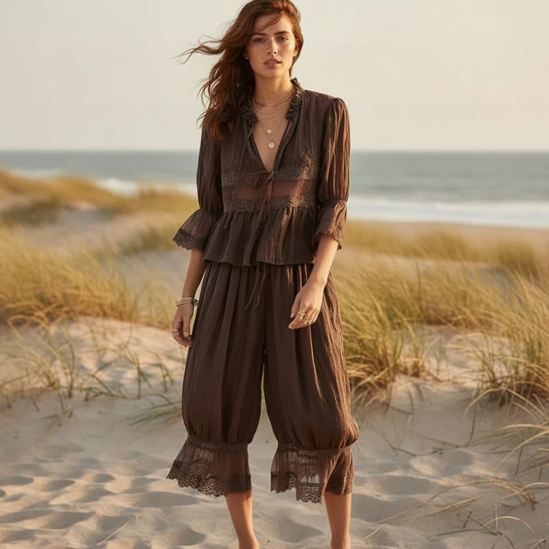 Women's Lace Trim Two-Piece Top and Trouser Set - Brown