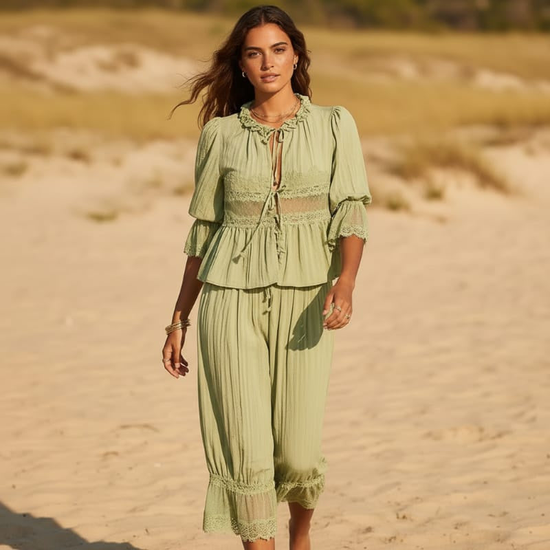 Women's Lace Trim Two-Piece Top and Trouser Set - Sage Green