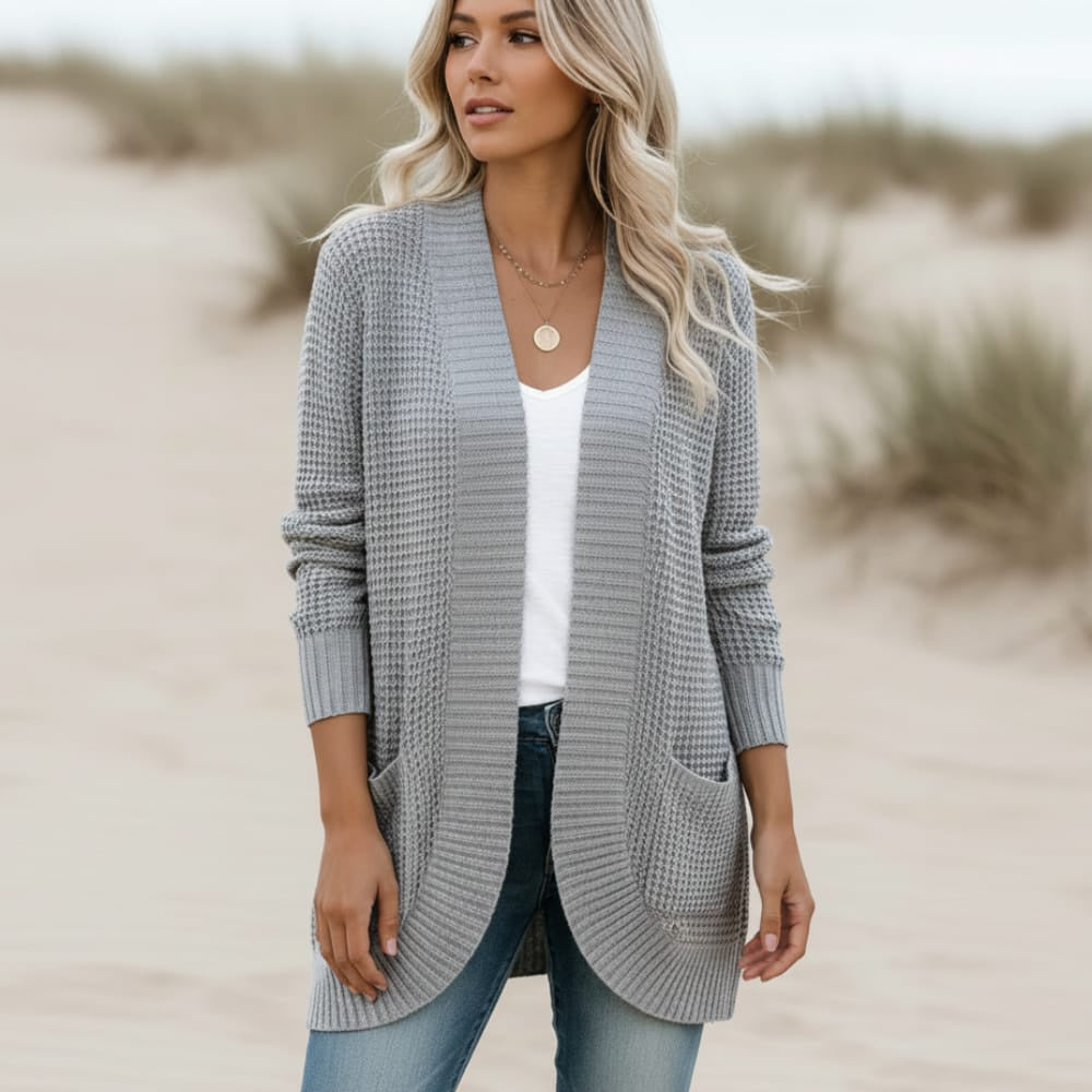 Women's Long Open Front Cardigan With Side Pockets - Gray