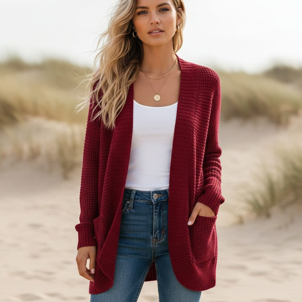 Women's Long Open Front Cardigan With Side Pockets - Burgundy