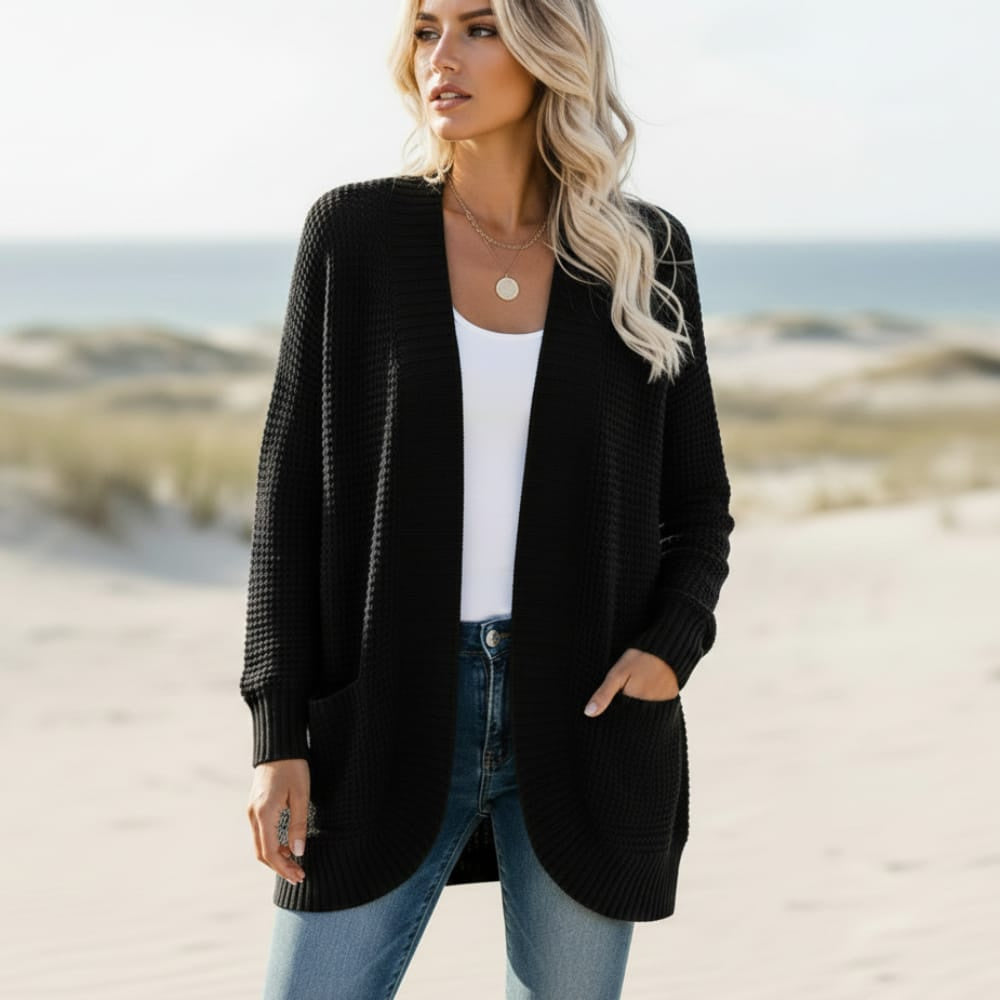 Women's Long Open Front Cardigan With Side Pockets - Black